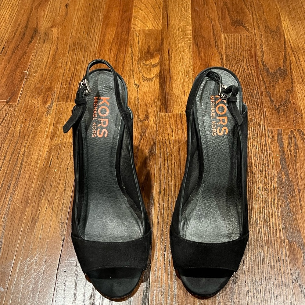 Michael Kors Wedge Heels Peep Toe Cut Out Black Leather Suede Women’s Shoes - Picture 5 of 11